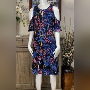 Anthropologie Maeve Elia Dress Sz 8 Blue Pink Black Floral Cold Open Shoulder